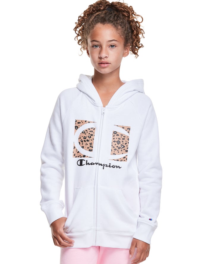 Sudadera Con Capucha Champion Niña - Fleece Raglan Full Zip Leopard Knockout Logo ( Blancas ) 203159